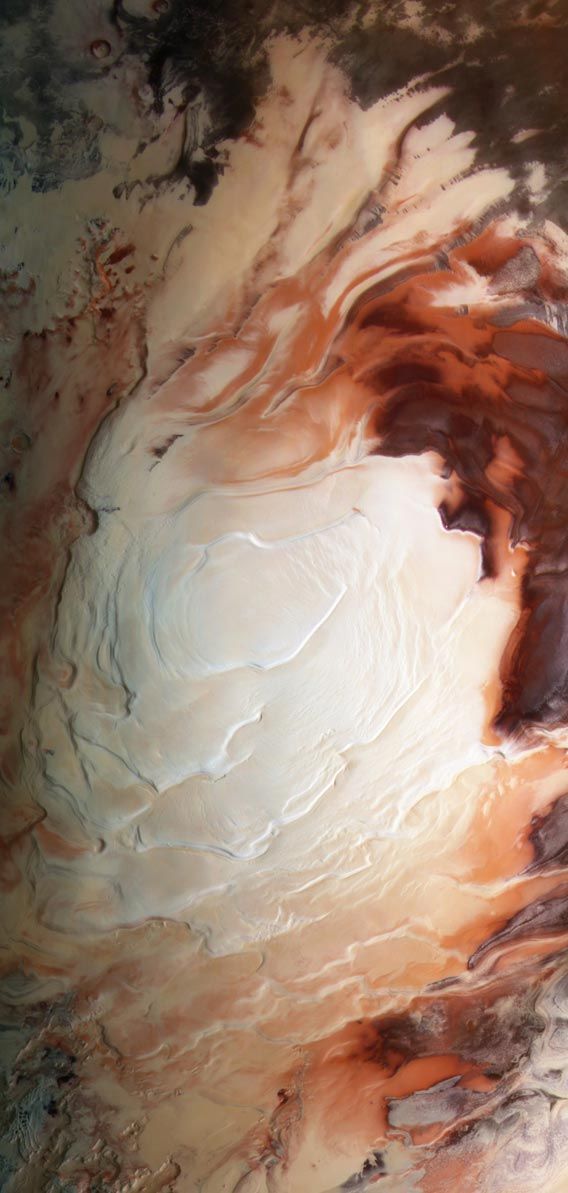 The south pole of Mars. Click to enaresenate. Photo by ESA / G. Neukum (Freie Universitaet, Berlin) / Bill Dunford