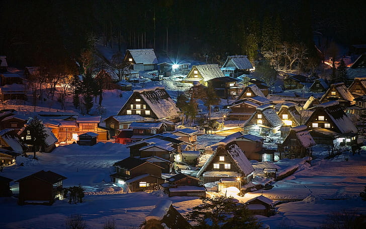 HD wallpaper: nature, village, night, trees, snow, house, Japan, lights,  Shirakawa-go | Wallpaper Flare