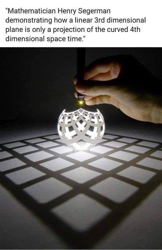 May be an image of text that says '"Mathematician Henry Segerma demonstrating how a linear 3rd dimensional plane is only a projection of the curved 4th dimensional space time."'