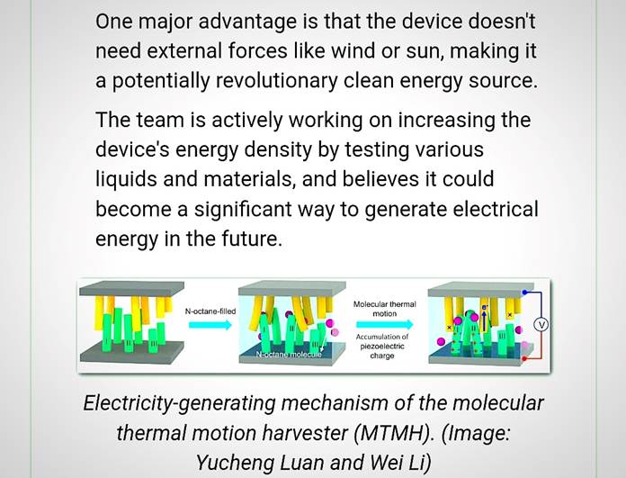 May be a graphic of blueprint and text that says 'One major advantage is that the device doesn't need external forces like wind or sun, making it a potentially revolutionary clean energy source. The team is actively working on increasing the device's energy density by testing various liquids and materials, and believes it could become a significant way to generate electrical energy in the future. N-octane-filled Molecular thermal motion N-octane.molecule Accumulation piezoelectric charge Electricity-generating mechanism of the molecular thermal motion harvester (MTMH). (Image: Yucheng Luan and Wei Li)'