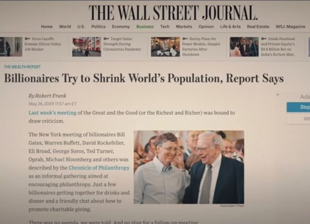 Image may contain: 1 person, text that says 'World JobMarket THE WALL STREET JOURNAL Economy Tech Markets Life&Arts Magarine Shatdowm THREPORT Billionaires Try to Shrink World's Population, Report Says IndaryRicheMan Robert 20091157 mET Last week meeting ofthe Great andthe Good draw criticism. the Richest cher) was bound The meeting billionaires Bill Gates, Warren Buffett, David Broad, GeorgeSoros, Ted Turner, Oprah, Michael Bloomber others described the Chronicle informal gathering aimed encouragin hilanthropy billionaires getting together dinner friendly chat about promote charitable giving.'