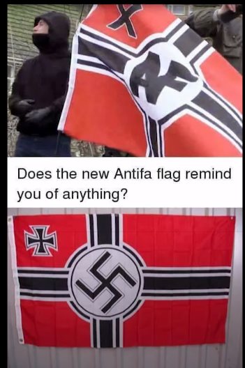 Image may contain: text that says 'Does the new Antifa flag remind you of anything? 5'