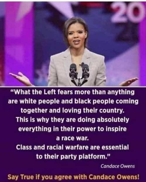 Image may contain: 1 person, text that says '"What the Left fears more than anything are white people and black people coming together and loving their country. This is why they are doing absolutely everything in their power to inspire a race war. Class and racial warfare are essential to their party platform." Candace Owens Say True if you agree with Candace Owens!'