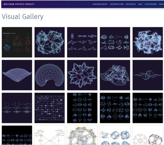 Image may contain: text that says 'WOLFRAM PHYSICS PROJECT Visual Gallery ANNOUNCEMENT INTRODUCTION MATERIALS Q&A LIVESTREAMS REGIS'