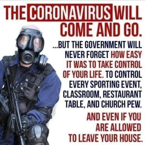 Image may contain: one or more people, text that says 'THE CORONAVIRUS WILL COME AND GO. ...BUT THE GOVERNMENT WILL NEVER FORGET HOW EASY IT WAS TO TAKE CONTROL OF YOUR LIFE. TO CONTROL EVERY SPORTING EVENT, CLASSROOM, RESTAURANT TABLE, AND CHURCH PEW. AND EVEN IF YOU ARE ALLOWED TO LEAVE YOUR HOUSE.'