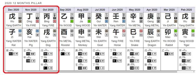 Image may contain: text that says '2020 12 MONTHS PILLAR 2020 Nov 丁 大 Sep 2020 Aug 2020 Wu Yang EARTH 2020 YinFIRE Jun 丙 用 Bing 火 Yang FIRE 成 約 2020 WOOD Apr 2020 Jia Yang WOOD Gui 2020 Feb 2020 Xin WATER Pig EARTH 未 METAL METAL Rooster Shen Yang METAL Monkey 马 Wu ARTH EARTH -METAL DR正印 Yang FIRE Horse 龙 EARTH Mao 卵 鬼 +METAL W劫財 -EARTH Snake EARTH Dragon Rabbit HO伤宮 +WOOD DW正財 丙耀 RW財 戊+EARTH'