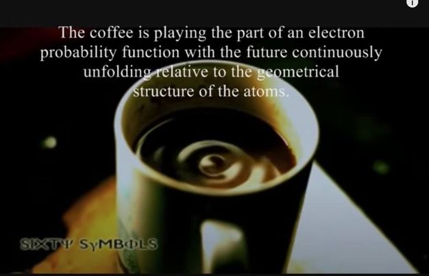 Image may contain: drink and coffee cup, text that says 'The cofee is playing the part of an electron probability function with the future continuously unfolding relative to the geometrical structure of the atoms. SyMBO'