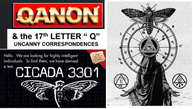 Image may contain: text that says 'QANON the 17th LETTER Q" UNCANNY CORRESPONDENCES X > 3 Hello. We are looking for highly intelligent individuals. To find them, we have devised test. CICADA 3301 2 E 5 ซิต q 日'