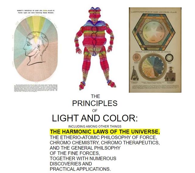 Image may contain: text that says 'PNAN N n BHCHT 190 NTLNL THE PRINCIPLES OF LIGHT AND COLOR: INCLUDING AMONG OTHER THINGS THE HARMONIC LAWS OF THE UNIVERSE, THE ETHERIO-ATOMIC PHILOSOPHY OF FORCE CHROMO CHEMISTRY, CHROMO THERAPEUTICS, AND THE GENERAL PHILSOPHY OF THE FINE FORCES, TOGETHER WITH NUMEROUS DISCOVERIES AND PRACTICAL APPLICATIONS.'