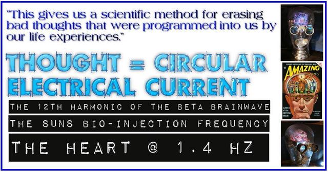 Image may contain: text that says '"This gives us a scientific method for erasing bad thoughts that were programmed into us by our life experiences." THOUGHT 号 CIRCULAR ELECTRICAL CURRENT THE 12TH HARMONIC OF THE BETA BRAINWAVE SUNS THE AMAZING OR IO-INJECTION THE HEART FREQUENCY HZ'