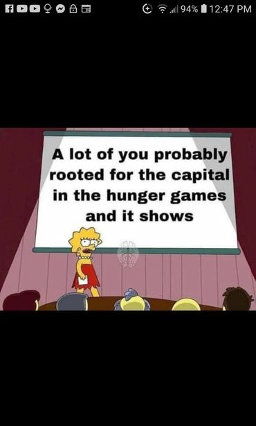 Image may contain: text that says 'f 94% 12:47 PM A lot of you probably rooted for the capital in the hunger games and it shows'