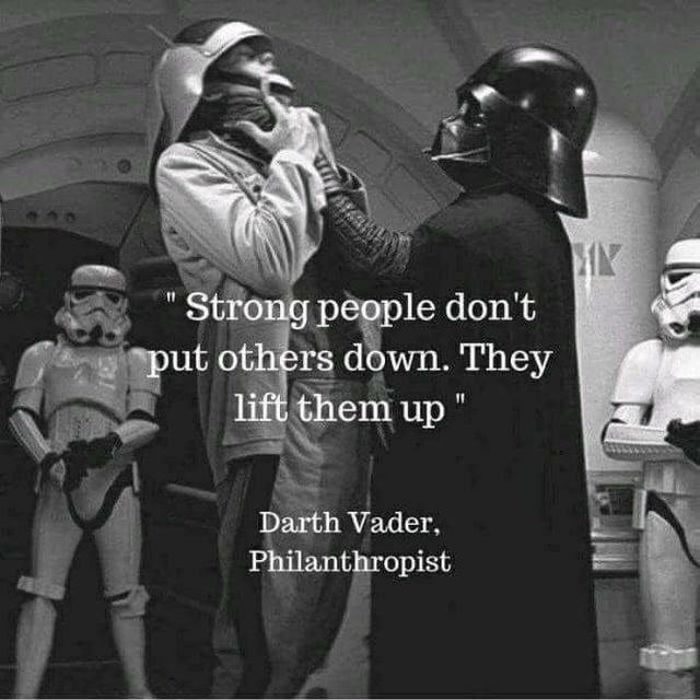 Image may contain: one or more people, text that says 'Strong people don't put others down. They lift them up" Darth Vader, Philanthropist'