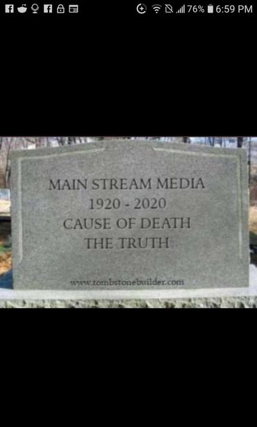 Image may contain: text that says 'f f 76% 6:59 PM MAIN STREAM MEDIA 1920-2020 1920 2020 CAUSE OF DEATH THE TRUTH www.combstonebuilder.com'