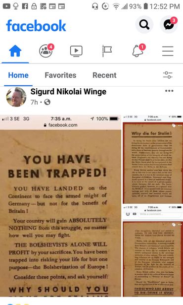 Image may contain: 1 person, text that says '93% 12:52 PM facebook 3 Home Favorites Recent Sigurd Nikolai Winge 7h 3G 7:35 a.m. facebook.com 100% wl3.5E 7:35a.m. YOU HAVE BEEN TRAPPED! YOU HAVE LANDED on the Continent might of Germany the benefit of Britain! not country will gain BSOLUTELY NOTHING from this how မ) THE ALONE WILL PROFIT your sacrifices. You have been into risking your for one of Europe! ask YOU Consider DIE-THINKITOVERI'