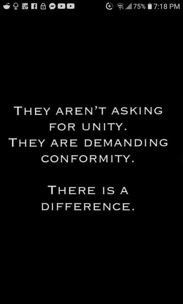 Image may contain: text that says '75% 7:18 PM ASKING THEY AREN'T FOR UNITY. THEY ARE DEMANDING CONFORMITY. THERE IS A DIFFERENCE.'