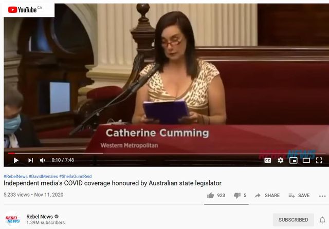 Image may contain: 1 person, sitting, text that says 'YouTube CA CA 0:10/7:48 0:10 Catherine Cumming Western Metropolitan #RebelNews #DavidMenzies #SheilaGunnReid Independent media's COVID coverage honoured by Australian state legislator 5,233 views Nov 11, 2020 NEWS Rebel News √ 1.39M subscribers 923 5 SHARE + SAVE SUBSCRIBED'