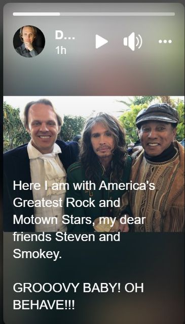 Image may contain: 4 people, people smiling, people standing, text that says 'D... … 1h Here I am with America's Greatest Rock and Motown Stars, my dear friends Steven and Smokey. GROOOVY BABY! oH BEHAVE!!!'