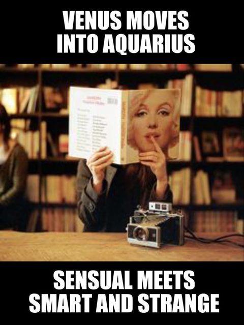 Image may contain: 1 person, text that says 'VENUS MOVES INTO AQUARIUS 8 SENSUAL MEETS SMART AND STRANGE'