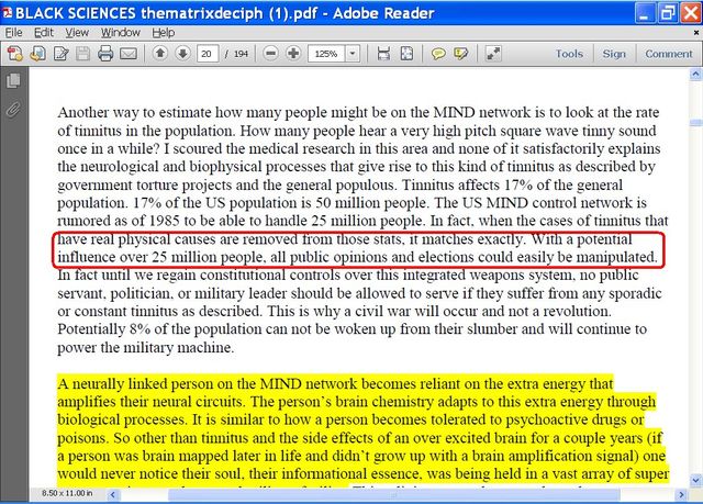 Image may contain: text that says 'BLACK SCIENCES thematrixdeciph Adobe Reader Tools to ftinnitus population. while? scoured and Sign Comment the government population. rumored people medical research that give this kind of satisfactorily explains influence control network the tinnitus population million people. able handle million people. from matches public opinions elections manipulated. constitutional controls integrated weapons system. public military should be suffer sporadic constant described. Potentially population power military machine. will slumber neurally amplifies biological poisons. person would continue circuits. Itis similar network becomes person' chemistry person becomes tolerated the side mapped notice soul, their through drugs for essence, was being array super'