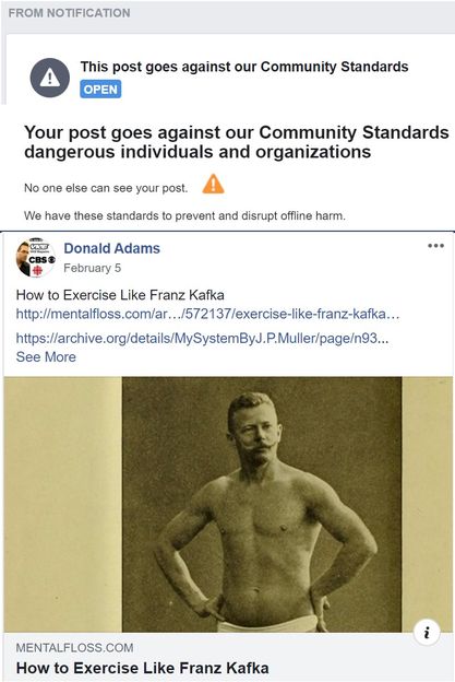 Image may contain: 1 person, text that says 'FROM NOTIFICATION ! This post goes against our Community Standards OPEN Your post goes against our Community Standards dangerous individuals and organizations No one else can your post. We have these standards to prevent and disrupt offline harm. Donald Adams February How Exercise Like Franz Kafka . https://archive. See More MENTALFLO COM How to Exercise Like Franz Kafka'