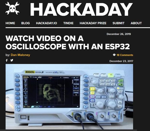 Image may contain: text that says 'HOME HOME HACKADAY BLOG HACKADAY.IO TINDIE TINDIE HACKADAY PRIZE SUBMIT ABOUT December 2019 WATCH VIDEO ON A OSCILLOSCOPE WITH AN ESP32 by: Dan Maloney RIGOL DS1054Z RIGOL Comments December23 2017 ណ'