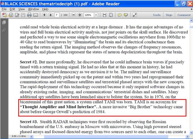 Image may contain: text that says 'BLACK SCIENCES thematrixdeciph Adobe Reader Tools Sign perfected Ghz the amplitude, The imaging represent electrical electrical activity discovered simple electromagnetic oscillations anywhere 100Mhz and electrical then observes frequency resonances, states neuron depolarization throughout brain. he that accidentally destroyed democracy envision immediately patent within communications terrestrial deployment technology occurred because existing imaging, and communications' bicentennial 'Thought mplifier before George Orwell' moment military surveillance years had reprogrammed their the concepts. required software changes satellites. 1976, acronym invasive 'Big Brother" technology system Interface". system. bombardment and RADAR techniques first recorded by observing the Russian embassy Moscow high powered steered'