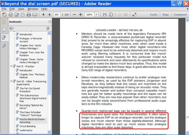 Image may contain: text that says 'Beyond the dial Window pdf (SECURED) Adobe Reader 116 100% Introduction Prologue Account Chapter Tools Sign Comment made Recorder Panasonic RR- Faraday RR-DR60 Montage However most acturer received Introduction recorders software. requests ng particular but Transcelving Experiments OutSound recorders. Agood modern-day researchers continue recorders, Subconscious prefer analogue Jürgense Behind give easily better They recordings cassette second-hand from professional Vidicom"Technique sycho-ElectroldDream Recording CircuitBending Audiomancy Quarter-inch bought erthe-better. much digital recorders tend different takes those'