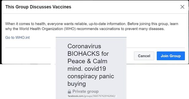 Image may contain: text that says 'This Group Discusses Vaccines Go to WHO.int When it comes to health, everyone wants reliable, up-to-date nformation Before joining this group, learn why the World Health Organization (WHO) recommends vaccinations to prevent many diseases. Cancel Join Group Coronavirus BIOHACKS for Peace & Calm mind. covid19 conspiracy panic buying Private group facebook.com/grops/3576760162842/'