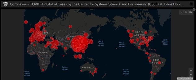 Image may contain: text that says 'Coronavirus COVID 19 Global Cases by the the Center for Systems Science and Engineering CSSE) Johns Hop... 口美器 AFRICA AUSTRALI Esri,FAO,NOAA'