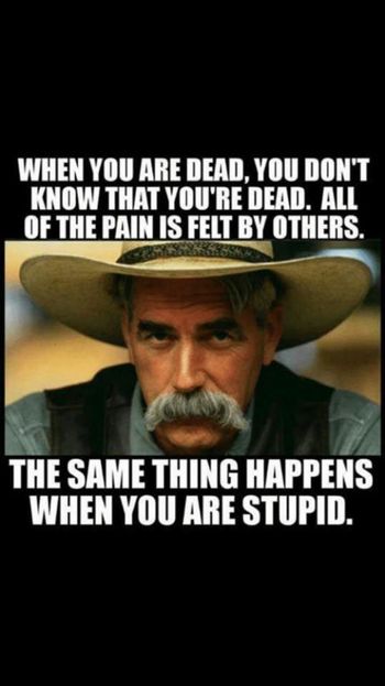 Image may contain: 1 person, hat, meme and beard, text that says 'WHEN YOU ARE DEAD, YOU DON'T KNOW THAT YOU'RE DEAD. ALL OF THE PAIN IS FELT BY OTHERS. THE SAME THING HAPPENS WHEN YOU ARE STUPID.'