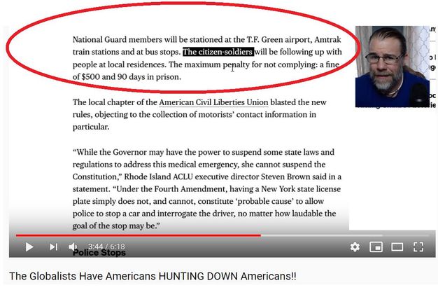 Image may contain: 1 person, text that says 'National train people of$500 and members stationed the and bus stops The soldiers residences maximum pepalty for days prison. airport, Amtrak following up with complying: rules, particular. chapter American Civil Liberties Union blasted the collection contact new Governor the power suspend laws and regulations address medical emergency, suspend the Constitution, Rhode Island executive said statement. "Under the Fourth Amendment, having license plate simply does not, and cannot, constitute probable cause' allow interrogate the driver, matter laudable the the stop may be." 6:18 The Globalists Have Americans HUNTING DOWN Americans!!'