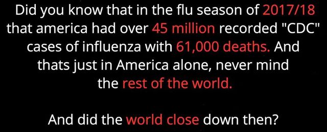 Image may contain: text that says 'Did you know that in the flu season of 2017/18 that america had over 45 million recorded "CDC" cases of influenza with 61,000 deaths. And thats just in America alone, never mind the rest of the world. And did the world close down then?'