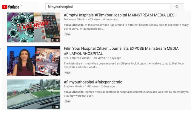 Image may contain: 1 person, text that says 'YouTube filmyourhospital FAKENEWS #EmptyHospitals #FilmYourHospital MAINSTREAM MEDIA LIES! Felonious Bitcoin views hours ago filmyourhospital around differenthospitals my area gos mainstream New 21:10 what's really Film Hospital Citizen Journalists EXPOSE Mainstream MEDIA #FILMYOURHOSPITAL Real Empress Yudah 3daysago Mainstream hasbeen exposeda hospitals video what's New Citizens themselves local #filmyourhospital #fakepandemic Stephen Harris. daysago filmyourhospital riverside methodist hospital columbus were busy. 1:28 and told employee'