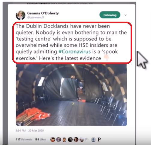 Image may contain: text that says 'Gemma Doherty Following The Dublin Docklands have never been quieter. Nobody is even bothering to man the testing centre' which is supposed to be overwhelmed while some HSE insiders are quietly admitting #Coronavirus is a spook exercise. Here's the latest evidence 334PM 20Mar 2020 117 etmerta P'