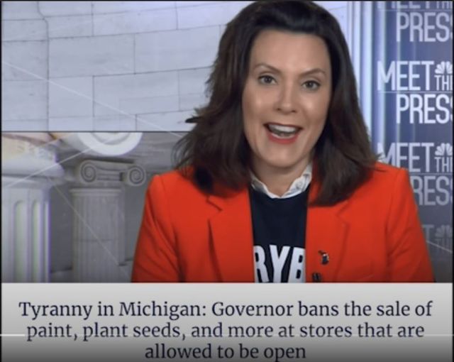 Image may contain: 1 person, text that says 'PRES 1EETH PRES MFET# RES RYA Tyranny in Michigan: Governor bans the sale of paint, plant seeds, and more at stores that are allowed to be open'