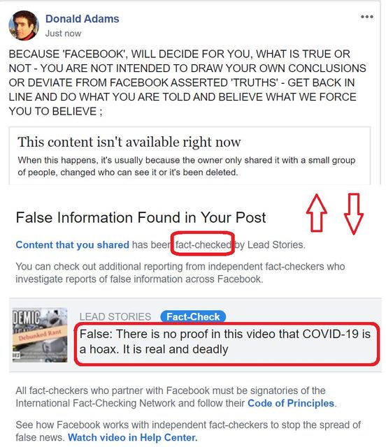 Image may contain: 1 person, text that says 'Donald Adams OR BECAUSE FACEBOOK', DECIDE NTENDED TO DRAW WHAT OR CONCLUSIONS ARE BELIEVE BELIEVE WHAT FORCE This content isn't available right now When happens, because shared itwith people changed who itor been deleted. False Information Found in Content that you shared has beer Post act-checked You check out additional reporting investigate information Lead Stories. DEMIC Facebook. who STORIES False: There Fact-Check no no proofin this video that COVID-19 and deadly who partner Facebook International Fact-Checking Network and See how Facebook with independent fact-checkers news. Watch video Center. signatories Principles stop the spread'