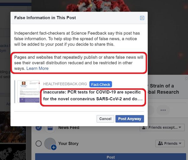 Image may contain: text that says 'False Information in This Post × Independent fact-checkers Science Feedback say this post information. To help stop the spread offalse notice be added your your you decide to share Pages and websites that repeatedly publish share false news their distribution reduced and be restricted other ways. Learn More HEALTHFEEDBACK.ORG Fact-Check Inaccurate: PCR tests for COVID-19 are specific for the coronavirus SARS-COV-2 and do... Strain of a bal Research Cancel News Feed Post Anyway Your Story Friends except... : Friends Post'