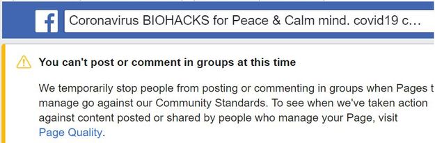 Image may contain: text that says 'Coronavirus BIOHACKS for Peace & Calm mind. covid19 C... You can't post or comment in groups at this time We temporarily stop people from posting or commenting in groups when Pages manage go against our Community Standards. To see when we've taken action against content posted or shared by people who manage your Page, visit Page Quality.'