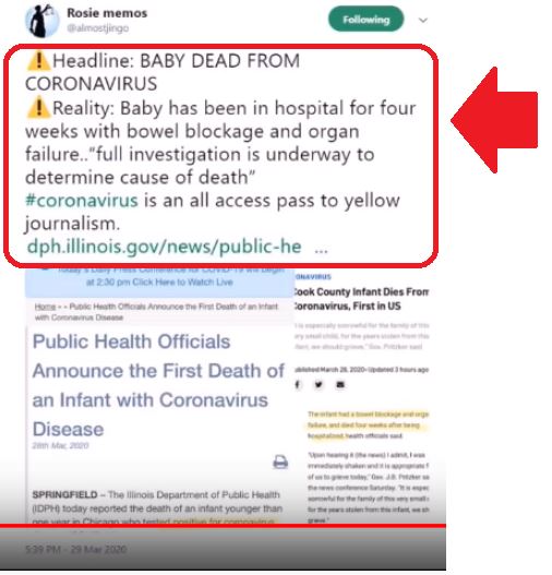 Image may contain: text that says 'Rosie memos Salmostjinge Following 1 Headline: BABY DEAD FROM CORONAVIRUS Reality: Baby has been in hospital for four weeks with bowel blockage and organ failure.. "full investigation is underway to determine cause of death" #coronavirus is an all access pass to yellow journalism. dphillinois.gov/news/public-h news County infantDiesFrom toronavirus, FirstinUS Public Health Officials Announce the First Death of an Infant with Coronavirus Disease SPRINGFIEL eportec Department.of 539PM 20Mar2020'