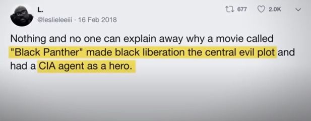 Image may contain: text that says '@leslieleeiii 16 Feb 2018 677 2.0K Nothing and no one can explain away why a movie called "Black Panther" made black liberation the central evil plot and had a CIA agent as a hero.'