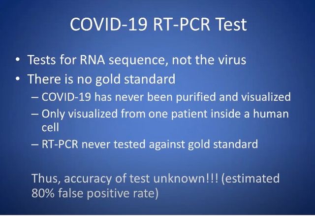 Image may contain: text that says 'COVID-19 RT-PCR Test Tests for RNA sequence, not the virus There is no gold standard -COVID-19 has never been purified and visualized -Only visualized from one patient inside a human cell RT-PCR never tested against gold standard Thus, accuracy of test unknown!!! (estimated 80% false positive rate)'