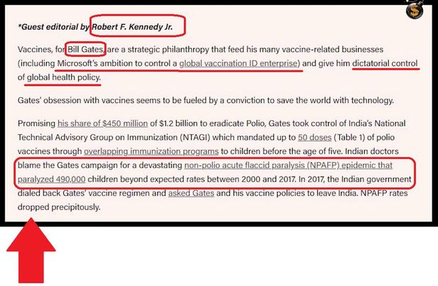 Image may contain: text that says '*Guest editorial Kennedy Vaccines Gates, strategic philanthropy his vaccine related businesses (including Microsoft's ambition control global vaccination enterprise) and give him dictatorial control global health policy. Gates' obsession with vaccines seems be fueled by conviction save the world technology. Promising Polio, took Technical Advisory Group Immunization (NTAGI) mandated up 50 doses (Table vaccines through overlapping immunization programs children the age blame the Gates campaign for non-polio flaccid (NPAFP) paralyzed 490,000 children beyond expected rates between 2000 and In Indian government dialed Gates' regimen vaccine dropped precipitously. and leave rates'