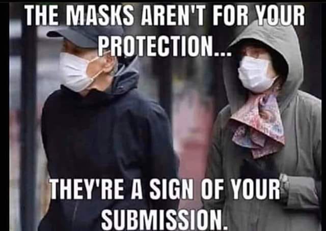 Image may contain: one or more people and meme, text that says 'THE MASKS AREN'T FOR YOUR PROTECTION... THEY'RE A SIGN OF YOUR SUBMISSION.'