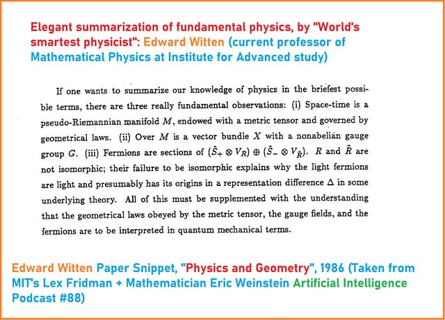 Image may contain: text that says 'summarization fundamental physics, smartest physicist": Edward Witten (current professor of Mathematical Physics Institute for Advanced study) If vector bundle summarize physics the briefest possi- really fundamental observations: (i) Space-time is o-Riemannian manifold endowed metric tensor governed by geometrical M nonabelian group G. (iii) Fermions and R not their failure fermions are light and presumably underlying theory. All of the geometrical fermions are be isomorphic explains why origins representation difference be supplemented the understanding the the some mechanical terms. Witten Paper Snippet, Geometry", 1986 (Taken MIT's Lex Fridman Mathematician Eric Weinstein Artificial Intelligence Podcast #88)'