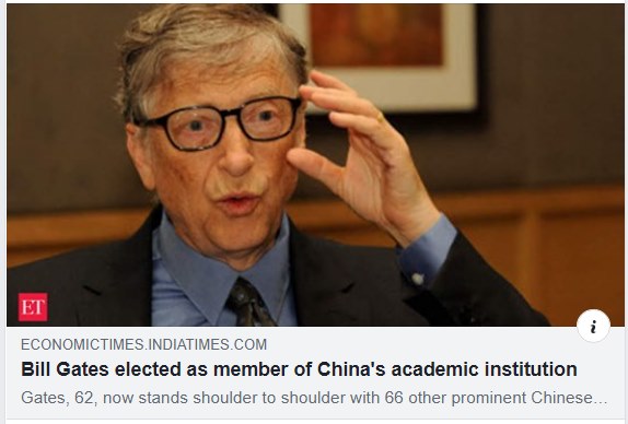 Image may contain: 1 person, eyeglasses, text that says '0 ET ECONOMICTIMES. INDIATIMES. COM Bill Gates elected as member of China's academic institution Gates, 62, now stands shoulder to shoulder with 66 other prominent Chinese...'