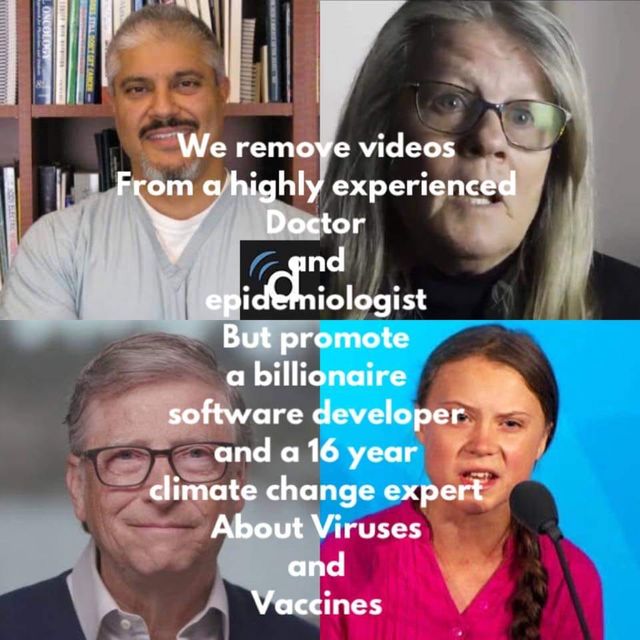 Image may contain: 3 people, text that says 'We remove videos From a highly experienced Doctor and epidemiologist But promote a billionaire software developer and a 16 year climate change expert About Viruses and Vaccines'