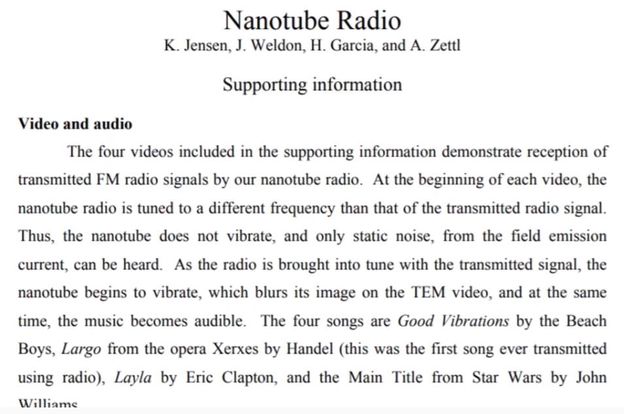 Image may contain: text that says 'Nanotube Radio K. Jensen, Weldon, H. Garcia, and A. Zettl Video and audio Supporting information nanotube the of current, not the the supporting information demonstrate transmitted FM radio signals by our nanotube radio. At the beginning of is tuned different frequency than the transmitted radio signal. and only static from the field emission is brought nanotube begins to vibrate, which blurs its image on the four songs are Good Vibrations by As time, the music becomes audible. the the transmitted video, at the Beach radio), Layla by Williame the first the Title transmitted by John'