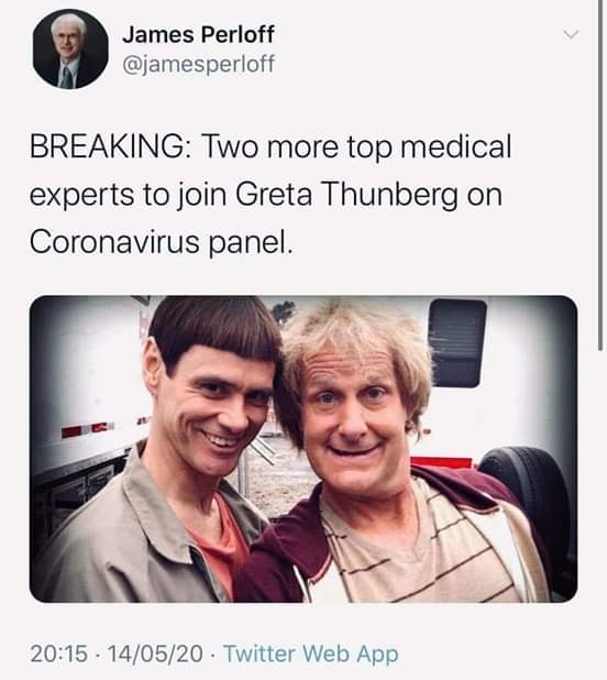 Image may contain: 3 people, text that says 'James Perloff @jamesperloff BREAKING: Two more top medical experts to join Greta Thunberg on Coronavirus panel. 20:15 14/05/20 Twitter Web App'