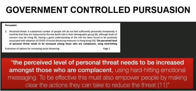 Image may contain: text that says 'Persuasion substantial GOVERNMENT CONTROLLED PURSUASION people Havinga ssociatedwi adoption COVID-1 personal Evaluation foptions sufficiently personall threatened; increasing among those distancing hepercelvedle complacent, using hard-hitting "the perceived level of personal threat to be increased amongst those who are complacent, using hard-hitting emotional messaging. To be effective this must also empower people by making clear the actions they can take to reduce the threat (11)"'