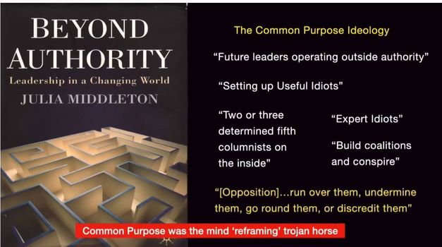 Image may contain: text that says 'The Common Purpose Ideology BEYOND AUTHORITY Leadership in Changing World JULIA MIDDLETON "Future leaders operating outside authority" "Setting up up Useful Idiots" "Two or three determined fifth columnists on the inside" "Expert Idiots" "Build coalitions and conspire" "[Opposition]...run over them, undermine them, go round them, or discredit them" Common Purpose was the mind 'reframing' trojan horse'